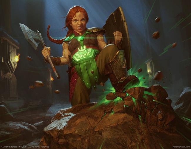 A dwarf with a belt of giant's strength, kicking and destroying a rock.