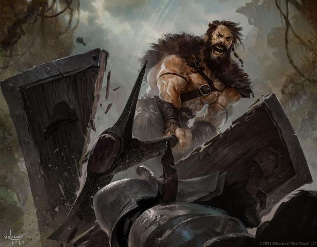 An angry warrior cleaving through a shield with an axe.