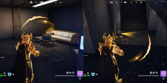 A view of the Weapons Bag and hostile turret at Sanguine Suites in C4S4 Fortnite