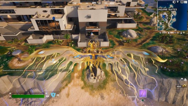 Flying in to the South side of Sanguine Suites in Fortnite C4S4 
