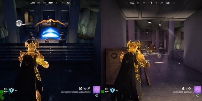 Two views of a hostile turret in Eclipsed Estate in C4S4 Fortnite