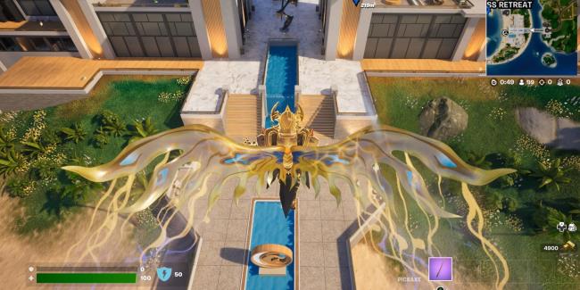 A view flying in to the main entrance at Relentless Retreat in C4S4 Fortnite