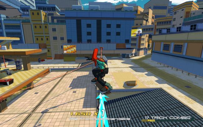 Red grinding on some wires while approaching a corner in Bomb Rush Cyberfunk.