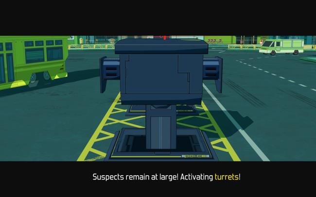 The turrets activating to track down the skaters in Bomb Rush Cyberfunk.