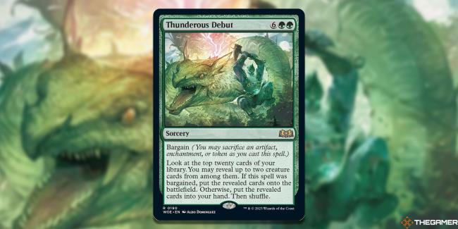 Image of the Thunderous Debut card in Magic: The Gathering, with art by Aldo Domínguez